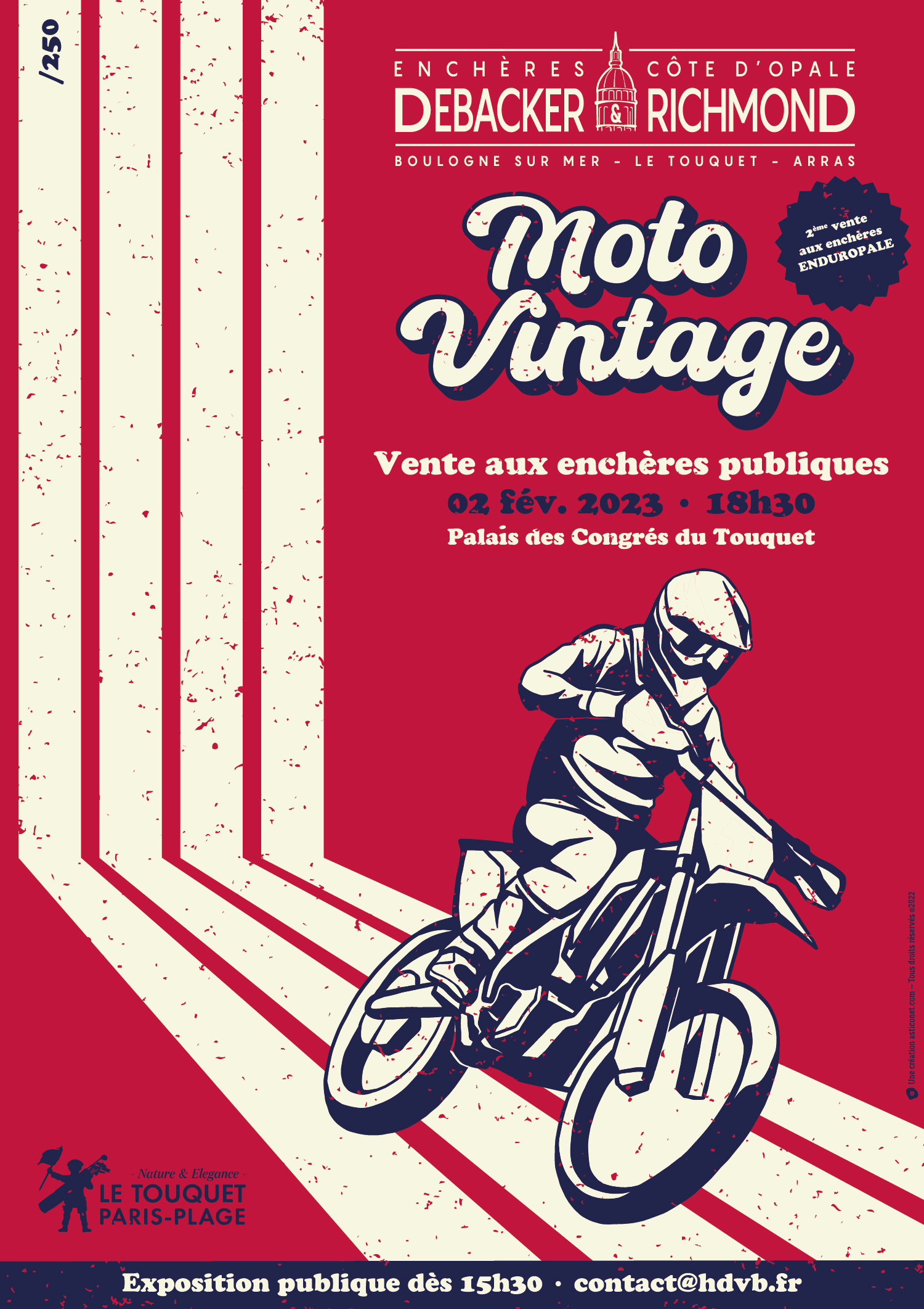 Création affiche Enduropale Moto Vintage · Affiche collector Moto Vintage Enduropale · Affiche numérotée vente aux enchères Enduropale · Création graphique Moto Vintage Enduropale · Affiche vente de motos de collection au Touquet · Affiche Hôtel des Ventes de Boulogne-sur-Mer · Communication print pour la vente Moto Vintage Enduropale