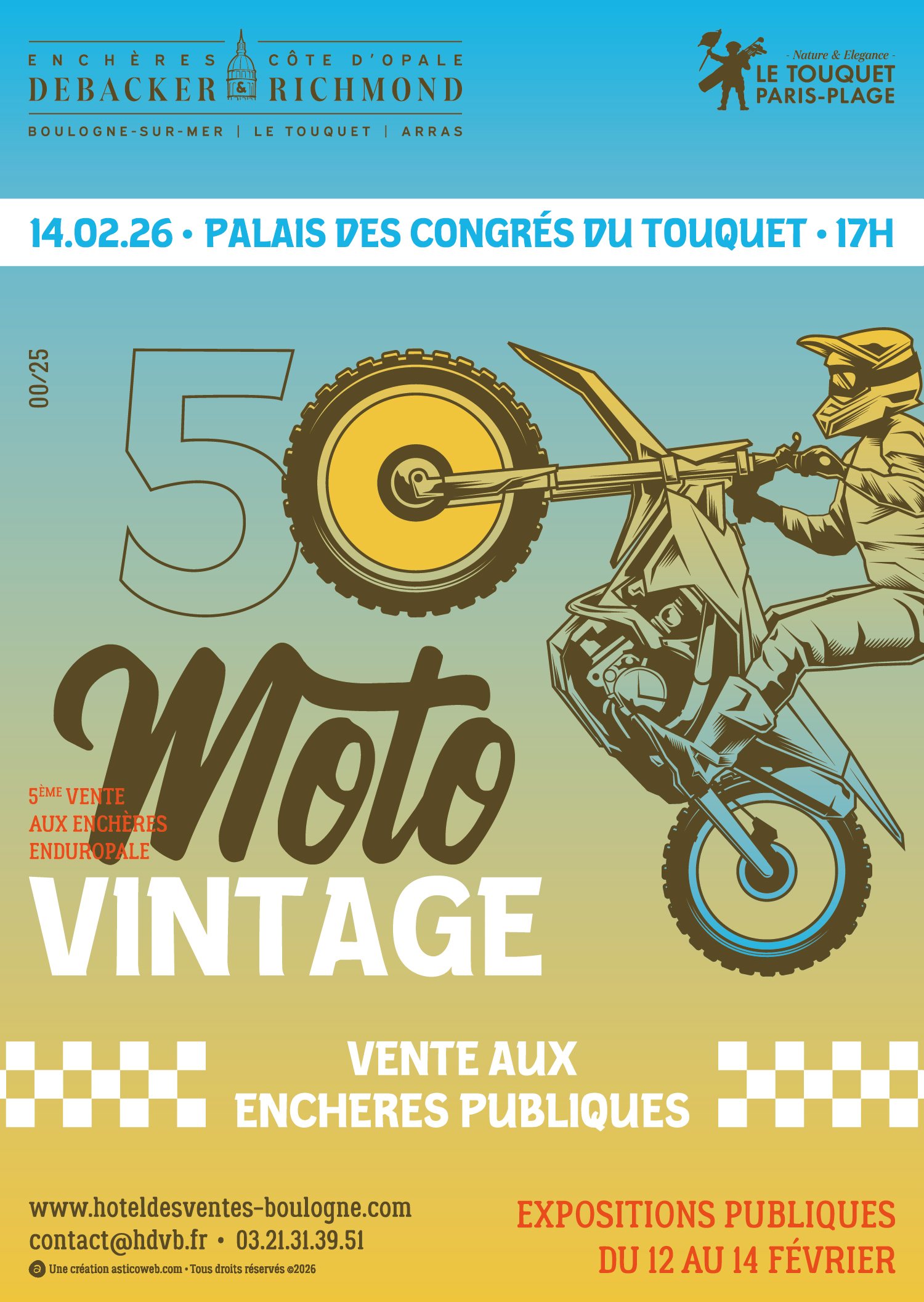 Création affiche Enduropale Moto Vintage · Affiche collector Moto Vintage Enduropale · Affiche numérotée vente aux enchères Enduropale · Création graphique Moto Vintage Enduropale · Affiche vente de motos de collection au Touquet · Affiche Hôtel des Ventes de Boulogne-sur-Mer · Communication print pour la vente Moto Vintage Enduropale