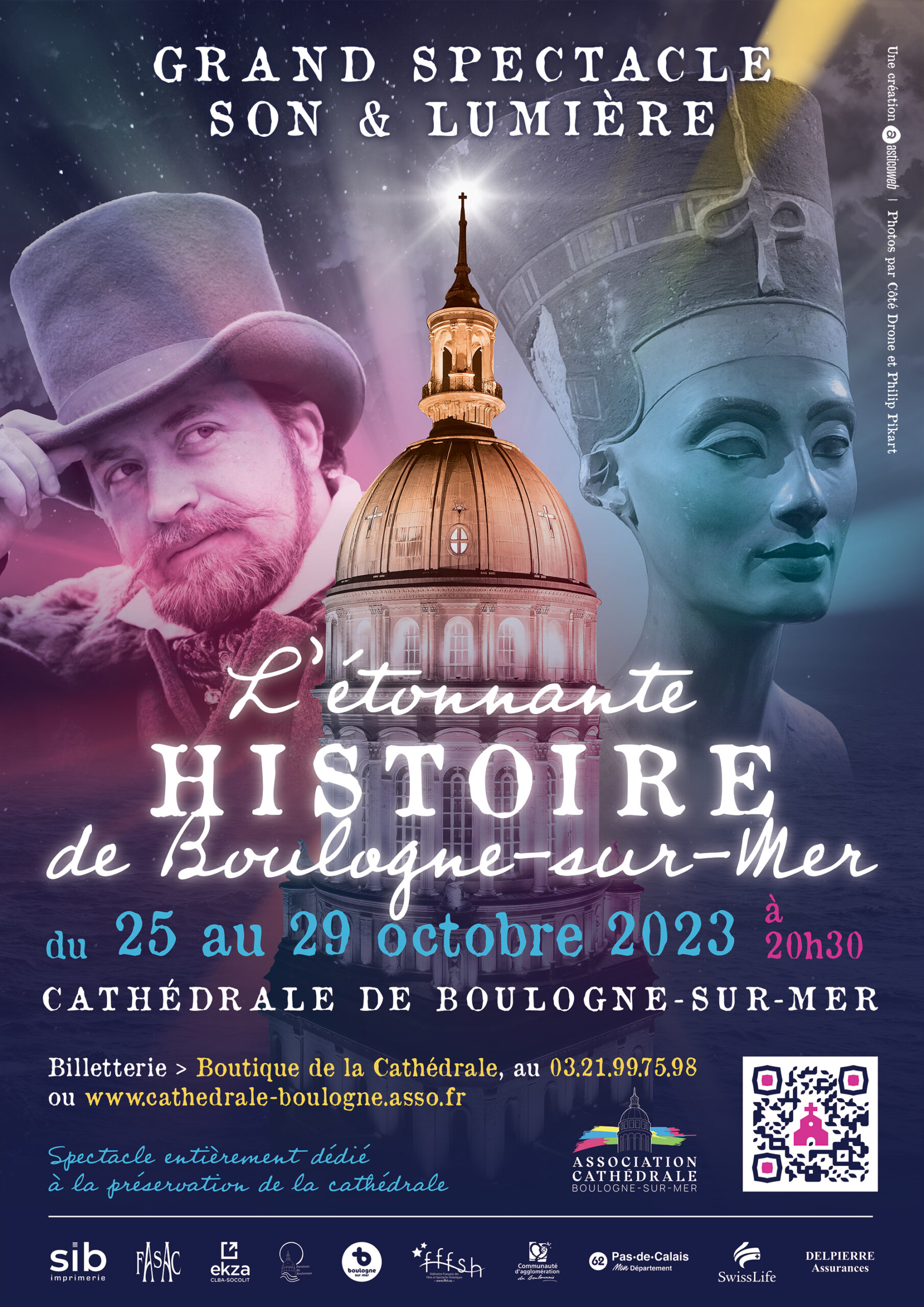 Création affiche spectacle Boulogne-sur-Mer · Affiche L’Étonnante Histoire de Boulogne-sur-Mer · Création graphique du spectacle son et lumière de Boulogne-sur-Mer · Affiche du spectacle historique de la basilique de Boulogne-sur-Mer · Communication print de l’Association Cathédrale de Boulogne-sur-Mer · Affiche événement culturel L’Étonnante Histoire de Boulogne-sur-Mer