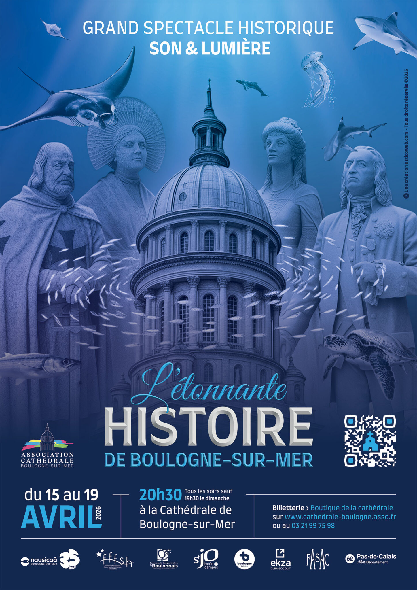 Création affiche spectacle Boulogne-sur-Mer · Affiche L’Étonnante Histoire de Boulogne-sur-Mer · Création graphique du spectacle son et lumière de Boulogne-sur-Mer · Affiche du spectacle historique de la basilique de Boulogne-sur-Mer · Communication print de l’Association Cathédrale de Boulogne-sur-Mer · Affiche événement culturel L’Étonnante Histoire de Boulogne-sur-Mer