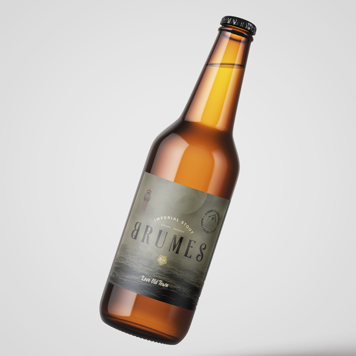 Création étiquette bière Brume · Étiquette Imperial Stout Brume · Bière Brume brassée à La Grange de Monsieur Guy · Design étiquette bière artisanale Brume · Affiche Imperial Stout Brume à Boulogne-sur-Mer · Packaging bière Brume La Grange de Monsieur Guy · Création graphique pour la bière artisanale Brume