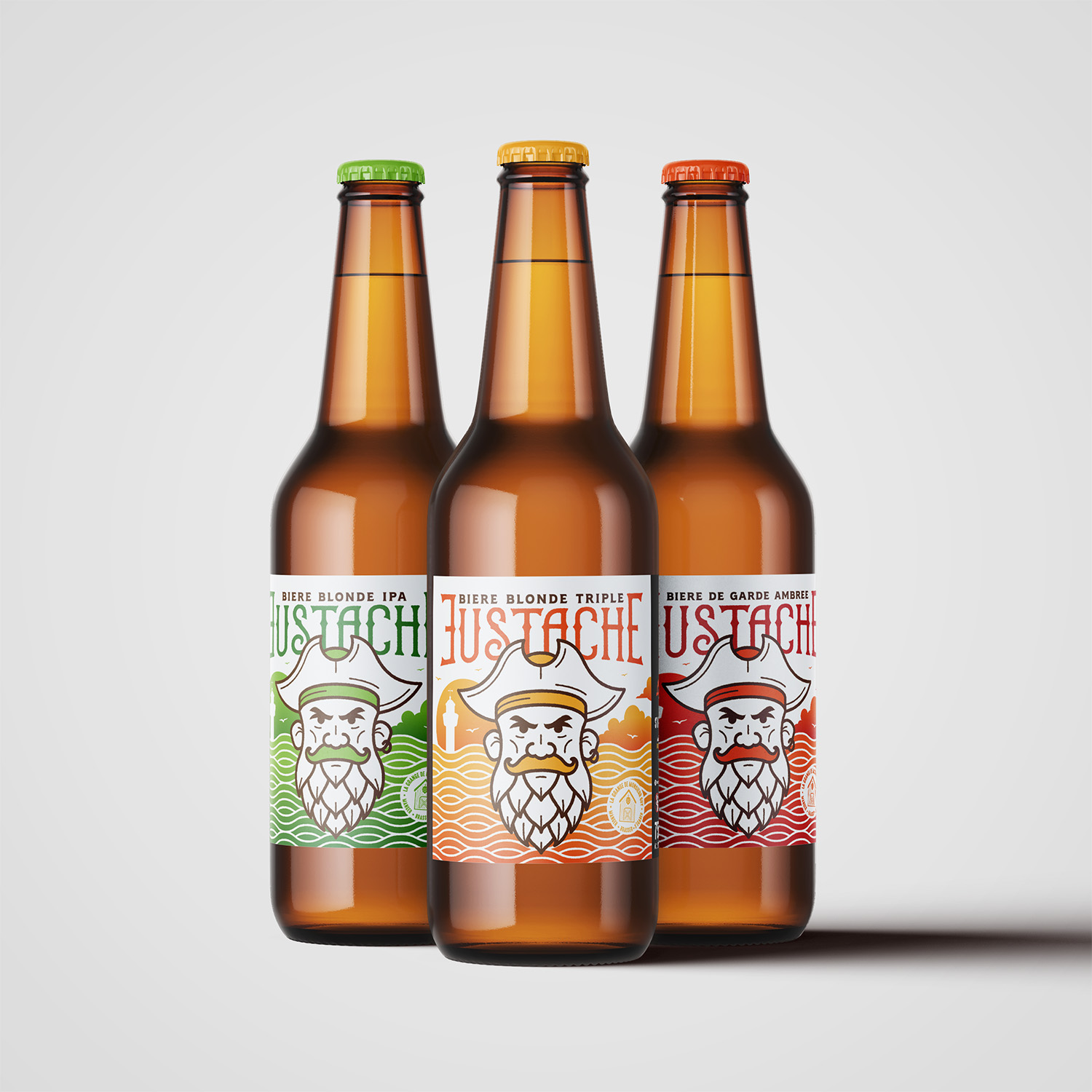 Création étiquette bière Eustache · Refonte des étiquettes de la gamme Eustache · Étiquettes Eustache Triple IPA et Ambrée · Design étiquette bière Eustache à Boulogne-sur-Mer · Eustache pirate et corsaire sur les étiquettes de bière · Gamme de bières artisanales Eustache · Packaging des bières Eustache La Grange de Monsieur Guy · Déclinaisons colorées des étiquettes Eustache