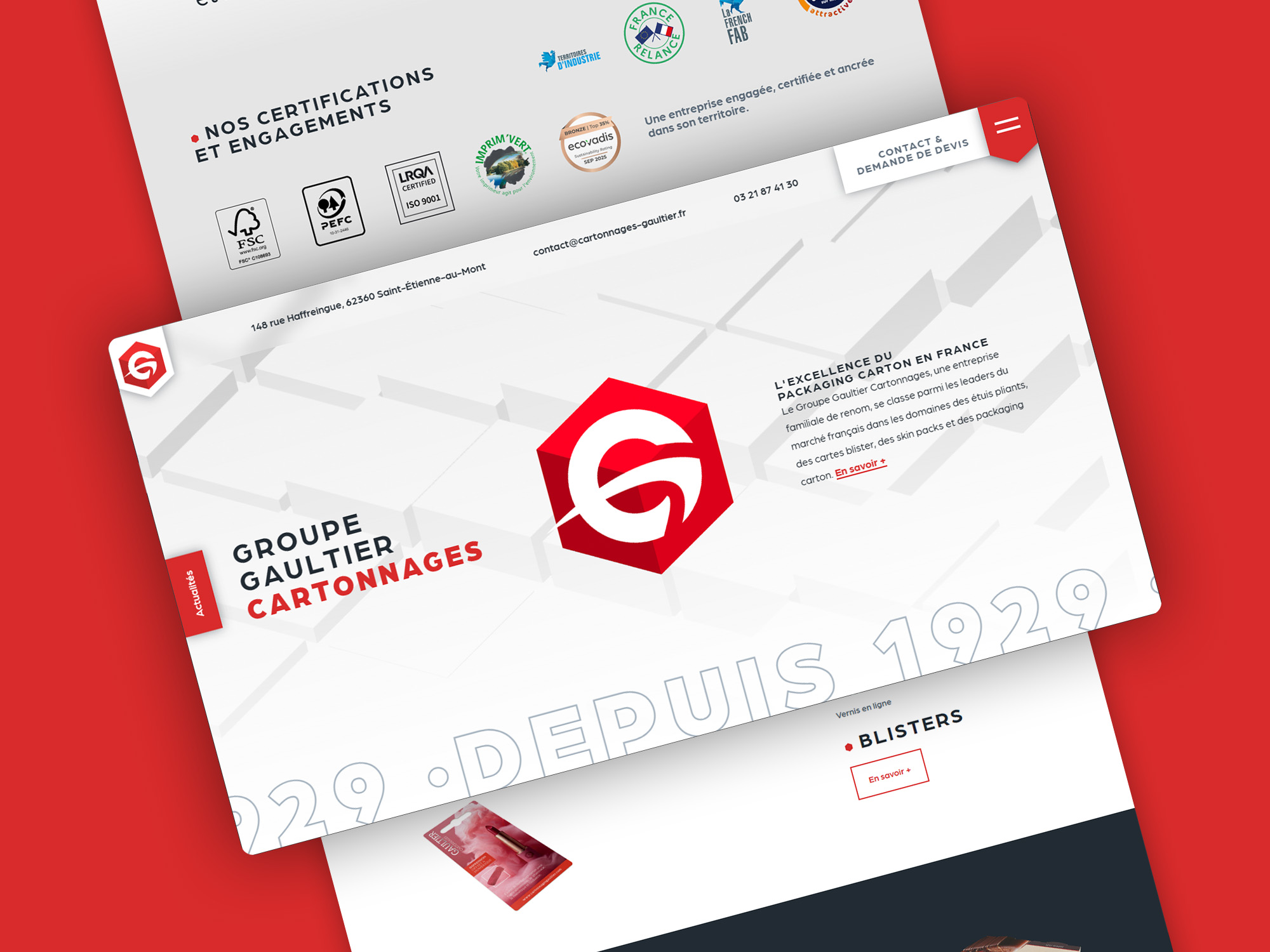 Refonte du site web Gaultier Cartonnages · Site web du spécialiste du packaging carton Gaultier · Présentation des produits Gaultier Cartonnages · Logo 3D sur le site Gaultier Cartonnages