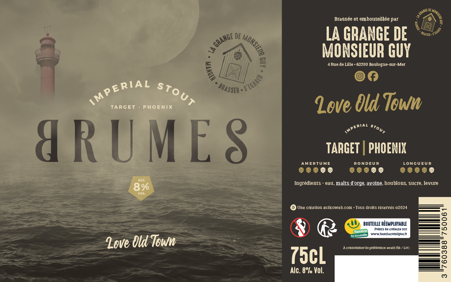 Création étiquette bière Brume · Étiquette Imperial Stout Brume · Bière Brume brassée à La Grange de Monsieur Guy · Design étiquette bière artisanale Brume · Affiche Imperial Stout Brume à Boulogne-sur-Mer · Packaging bière Brume La Grange de Monsieur Guy · Création graphique pour la bière artisanale Brume