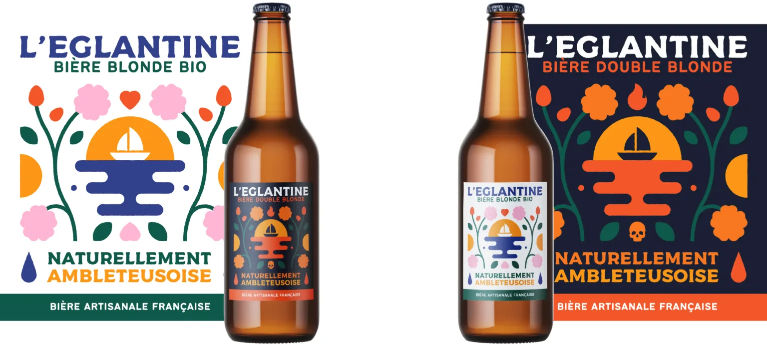 Création étiquette bière artisanale L’Églantine · Étiquettes des bières L’Églantine à Ambleteuse · Design étiquette bière blonde artisanale · Étiquette bière biologique L’Églantine · Packaging bière artisanale Côte d’Opale · Étiquette de bière inspirée du littoral d’Ambleteuse · Création graphique des bières L’Églantine