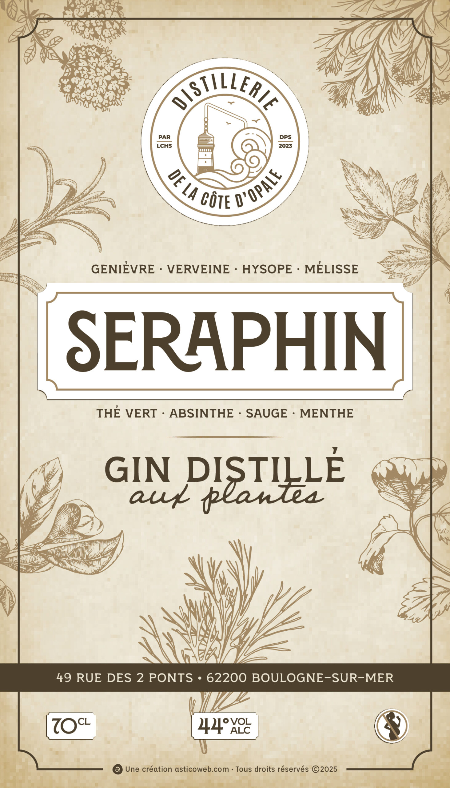 Création étiquette gin Séraphin · Étiquette du gin Séraphin pour Le Chais · Design d’étiquette de gin inspiré des apothicaires · Packaging botanique du gin Séraphin · Étiquette gin Distillerie de la Côte d’Opale · Création graphique pour bouteille de gin Séraphin · Design d’étiquette inspiré des herboristeries