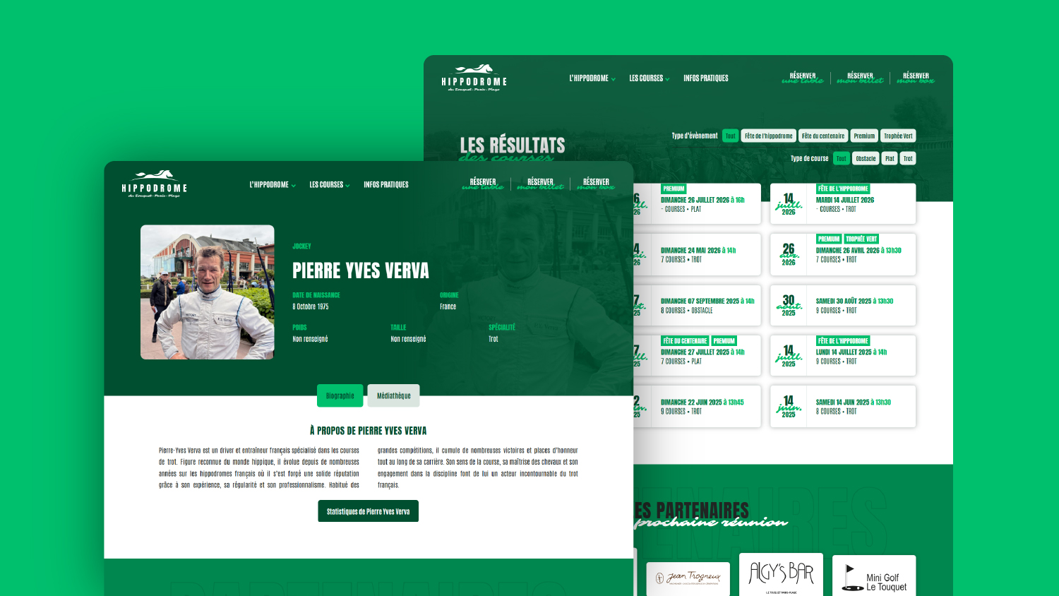 Refonte du site web de l’Hippodrome du Touquet · Agenda des courses de l’Hippodrome du Touquet · Résultats des courses sur le site de l’Hippodrome du Touquet · Fiches jockeys de l’Hippodrome du Touquet