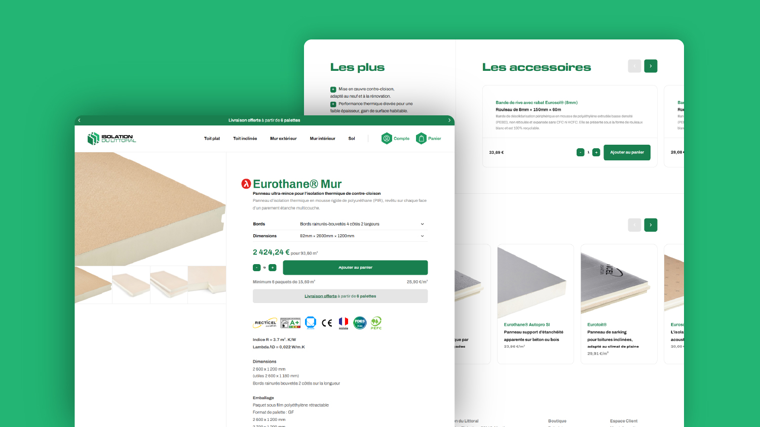 Création du site e-commerce Isolation du Littoral · Site de vente en ligne de produits d’isolation · Boutique en ligne Isolation du Littoral Côte d’Opale · Produits d’isolation thermique vendus au m² · Développement WooCommerce sur mesure pour Isolation du Littoral · Gestion des paquets et palettes sur le site Isolation du Littoral · Création du logo Isolation du Littoral · Catalogue de panneaux isolants Isolation du Littoral