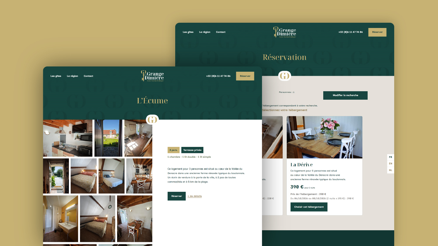 Création du site web La Grange Dimière · Site de réservation en ligne La Grange Dimière · Présentation des gîtes de La Grange Dimière · Réservation des gîtes La Grange Dimière · Synchronisation Booking et Airbnb La Grange Dimière · Développement du système de réservation des gîtes · Création du logo La Grange Dimière · Site web de location de vacances La Grange Dimière