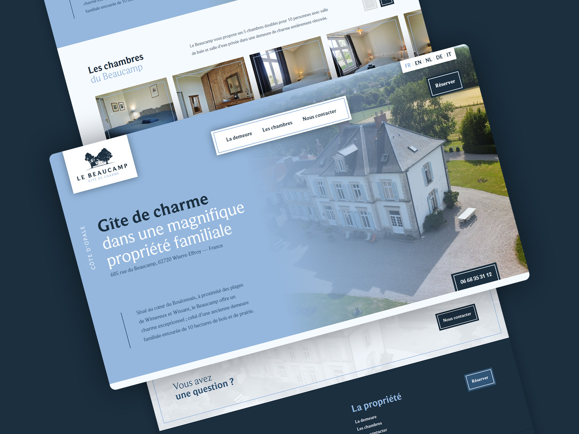 Création du site web du gîte Le Beaucamp · Photographie du gîte Le Beaucamp sur la Côte d’Opale · Vue aérienne par drone du gîte Le Beaucamp · Photographie et vidéo du domaine Le Beaucamp · Prise de vue drone du gîte sur la Côte d’Opale