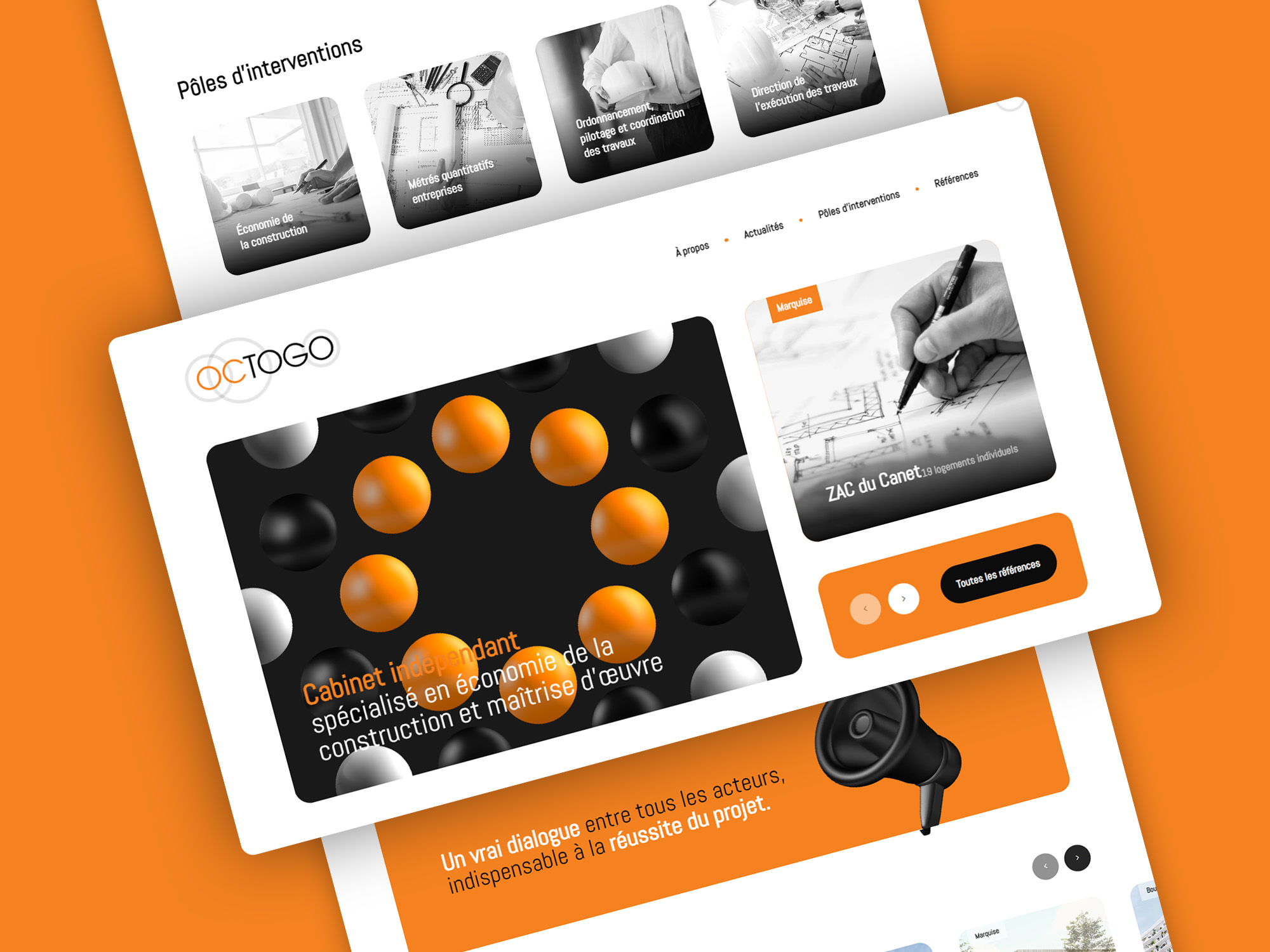 Création du site web OCTOGO économiste de la construction · Site web du cabinet OCTOGO · Présentation des pôles d’intervention OCTOGO · Références du cabinet d’économie de la construction OCTOGO · Développement web des références OCTOGO · Visite virtuelle 360 des locaux OCTOGO · Site web économie de la construction et maîtrise d’œuvre