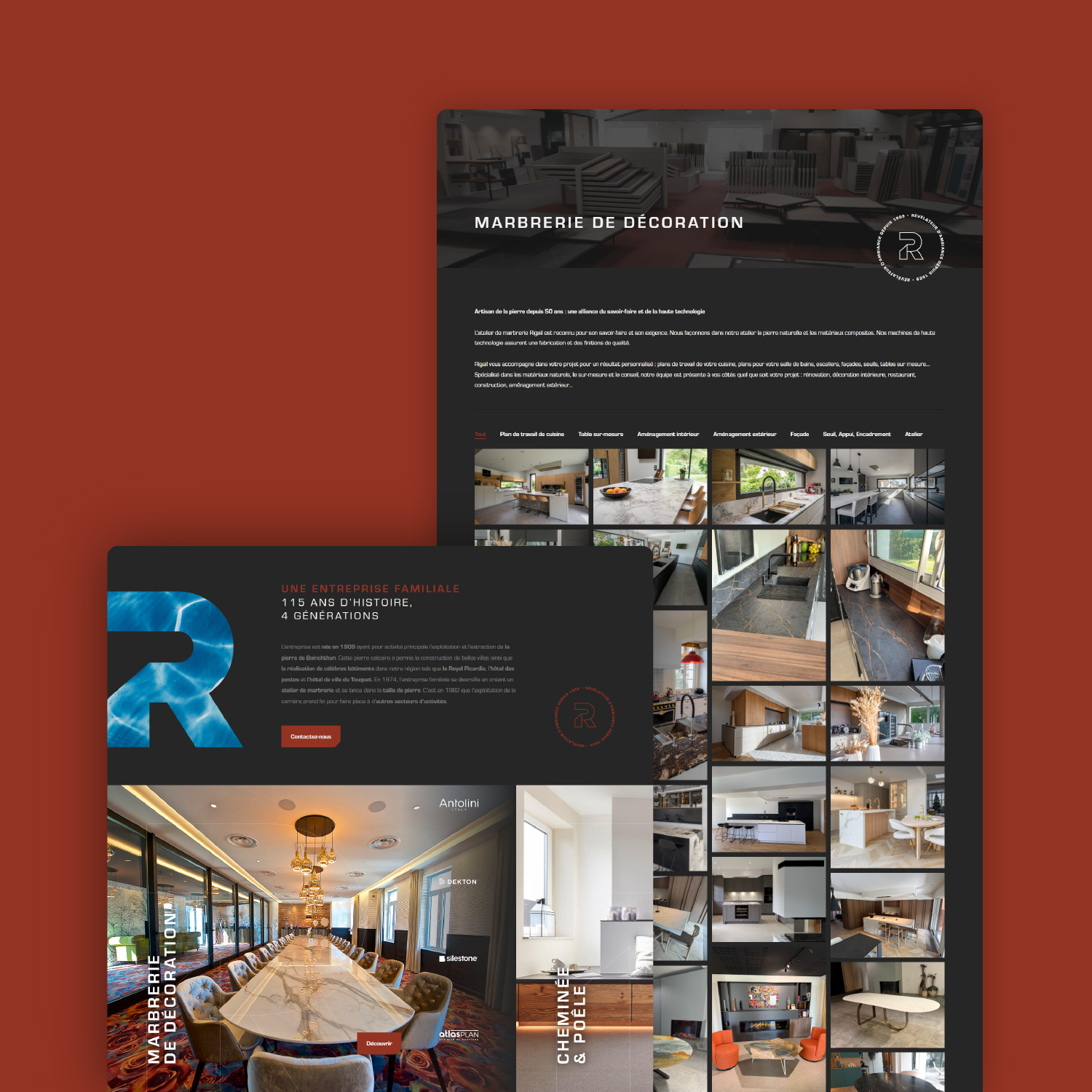 Création du site web Rigail spécialiste de l’aménagement intérieur · Site web Rigail et ses univers d’aménagement intérieur · Présentation des réalisations de marbrerie Rigail · Site web des showrooms Rigail · Présentation des savoir-faire et produits Rigail · Développement du site web Rigail à Saint-Martin-Boulogne