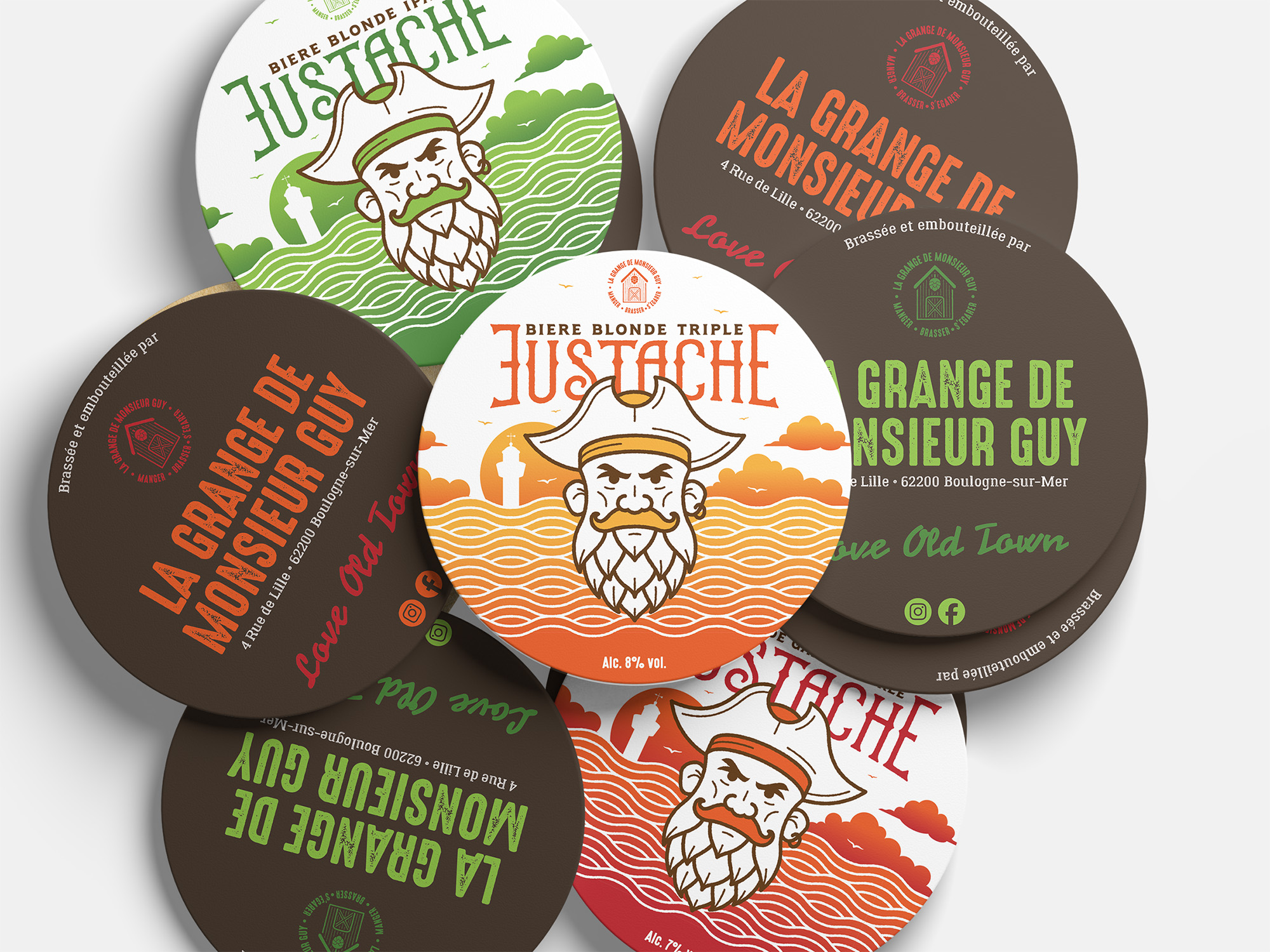 Création étiquette bière Eustache · Refonte des étiquettes de la gamme Eustache · Étiquettes Eustache Triple IPA et Ambrée · Design étiquette bière Eustache à Boulogne-sur-Mer · Eustache pirate et corsaire sur les étiquettes de bière · Gamme de bières artisanales Eustache · Packaging des bières Eustache La Grange de Monsieur Guy · Déclinaisons colorées des étiquettes Eustache
